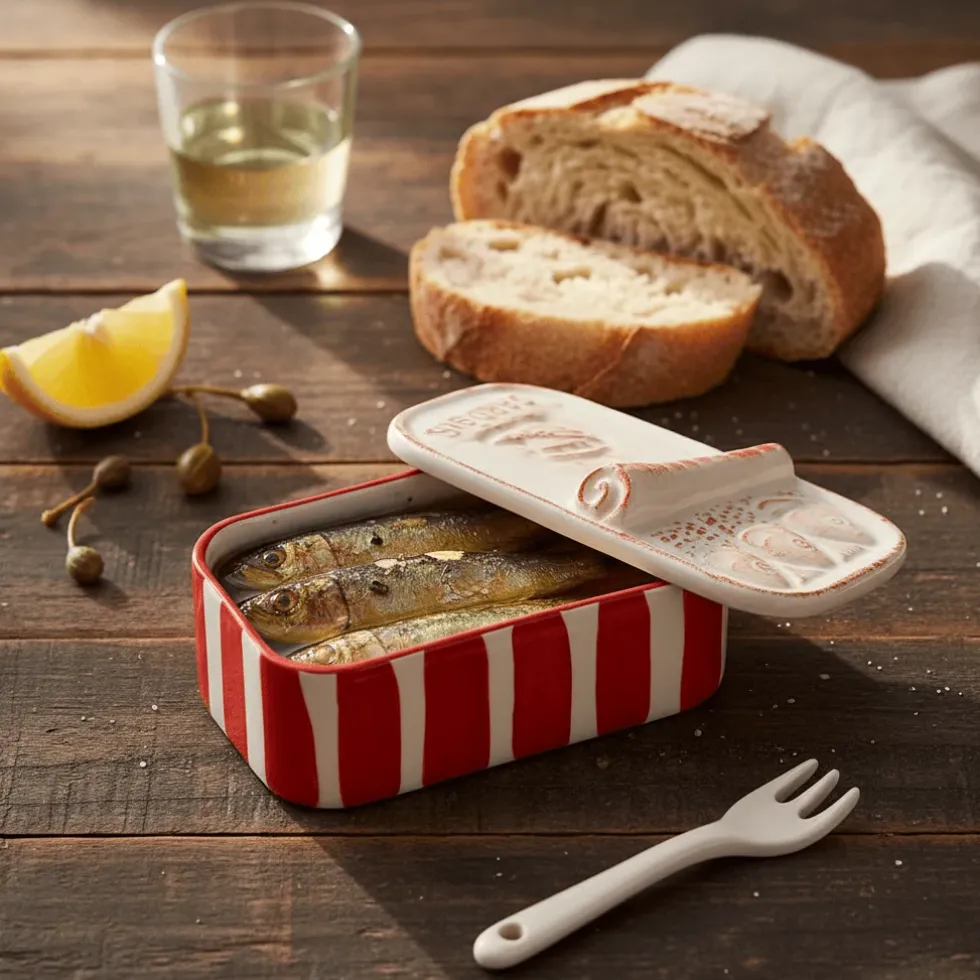Boite à sardines en céramique rayée - Rouge