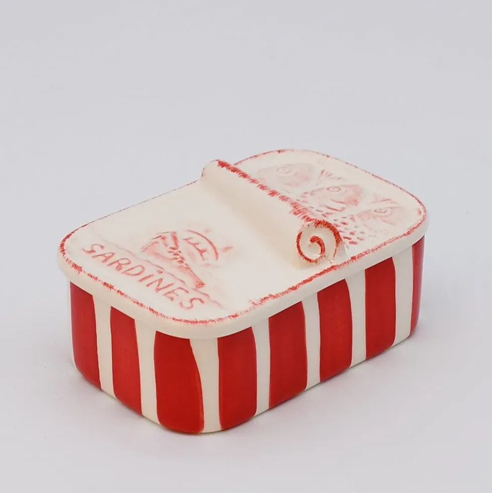 Boite à sardines en céramique rayée - Rouge