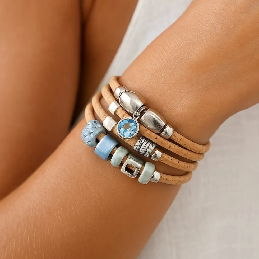 Bracelet en liège et perles - Bleu