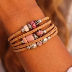 Bracelet en liège et perles - Rose