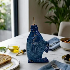 Carafe à huile en céramique en forme de Poisson - Bleue