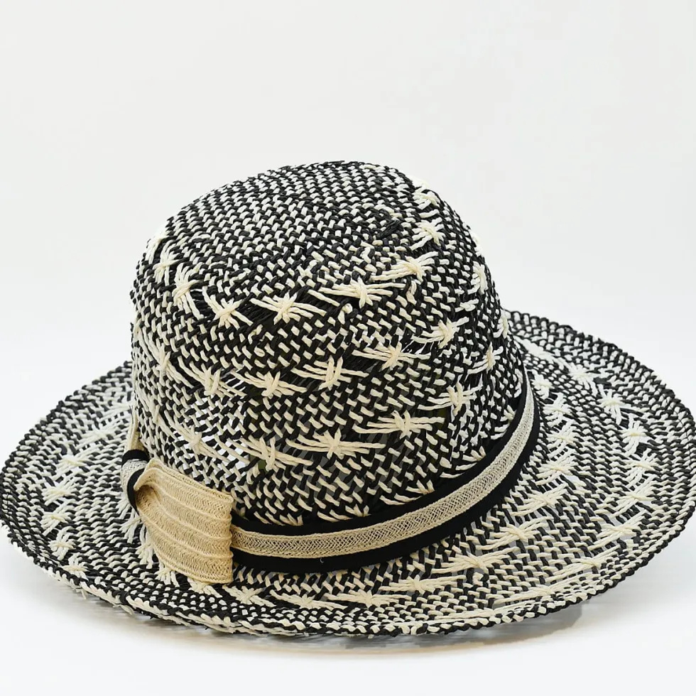 Chapeau de plage en fibres végétales - Noir & Blanc