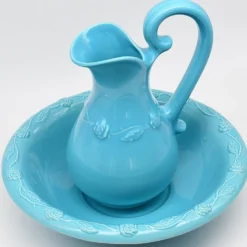 Cruche et bassine de toilette en céramique - Turquoise