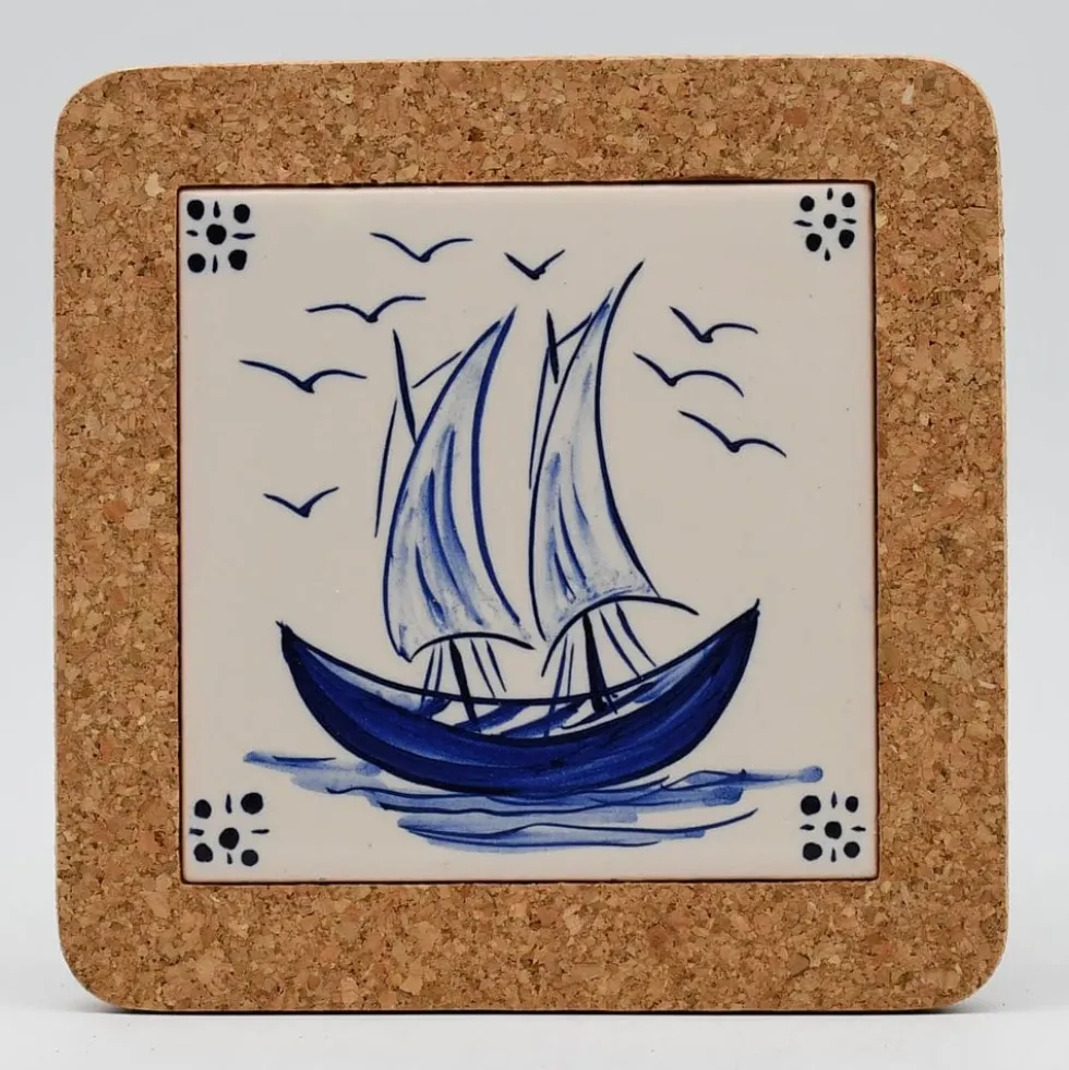 Dessous de plat en liège et céramique "Barcos" 15cm - 2 motifs