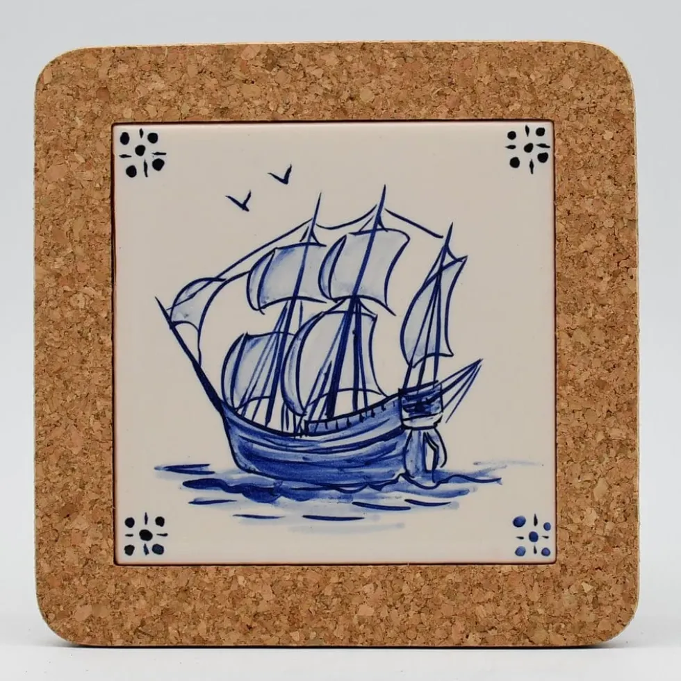 Dessous de plat en liège et céramique "Barcos" 15cm - 2 motifs
