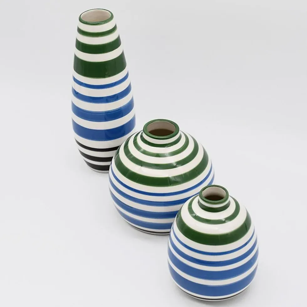 Ensemble de 3 vases rayés vert et bleu