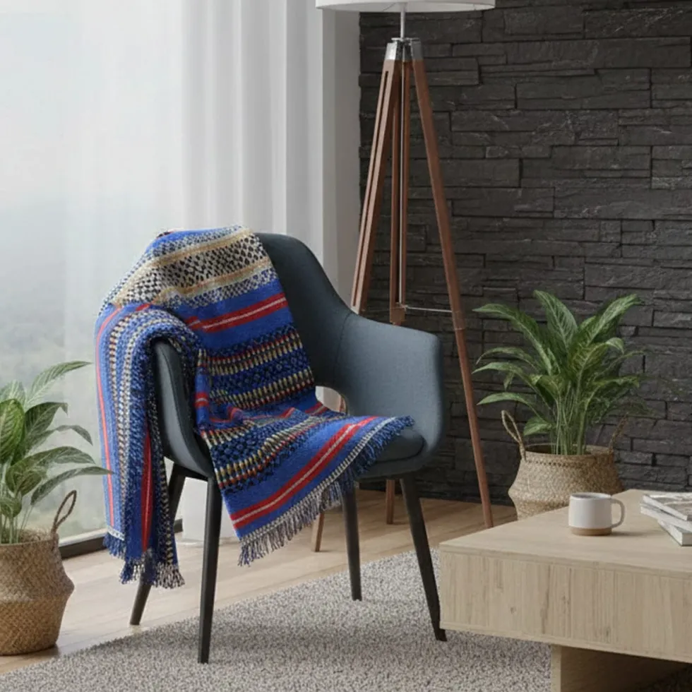 Plaid traditionnel à frange "Manta de Mira de Aire" - Bleu