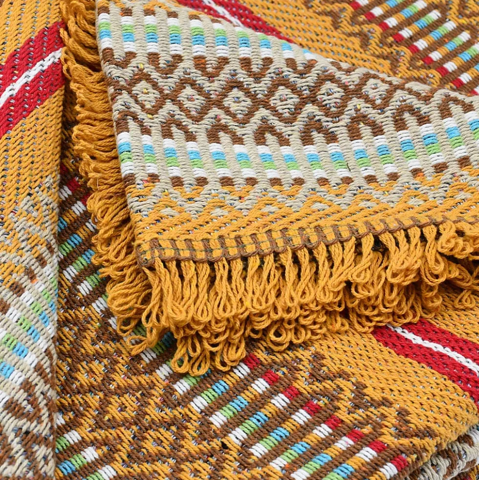 Plaid traditionnel à frange "Manta de Mira de Aire" - Ocre