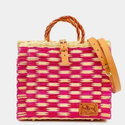 Sac cabas en jonc 30cm - Rose & naturel