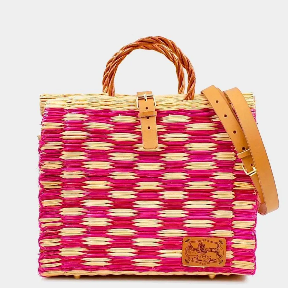 Sac cabas en jonc 30cm - Rose & naturel