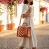 Sac cabas en jonc 30cm - Rouge & naturel