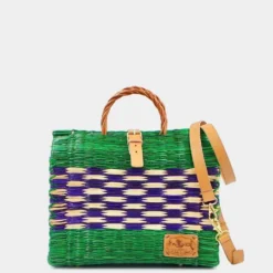 Sac cabas en jonc 22cm - Vert & violet