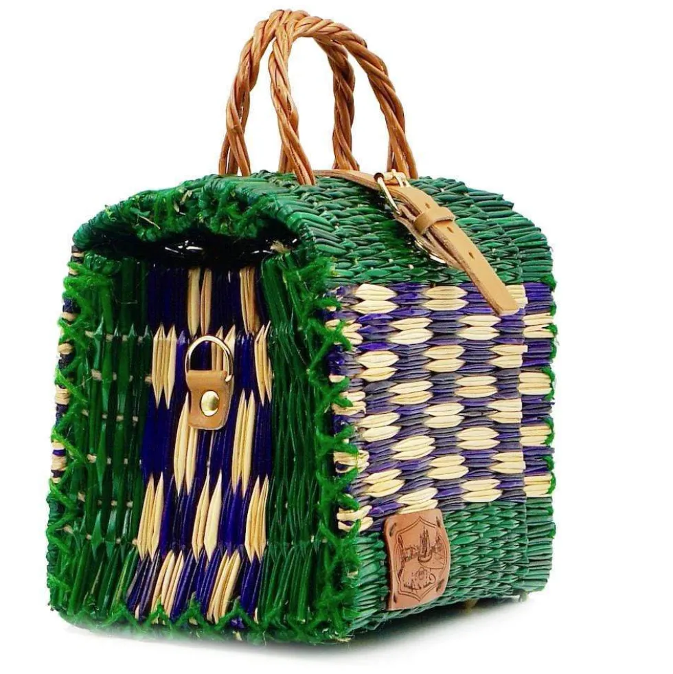 Sac cabas en jonc 22cm - Vert & violet