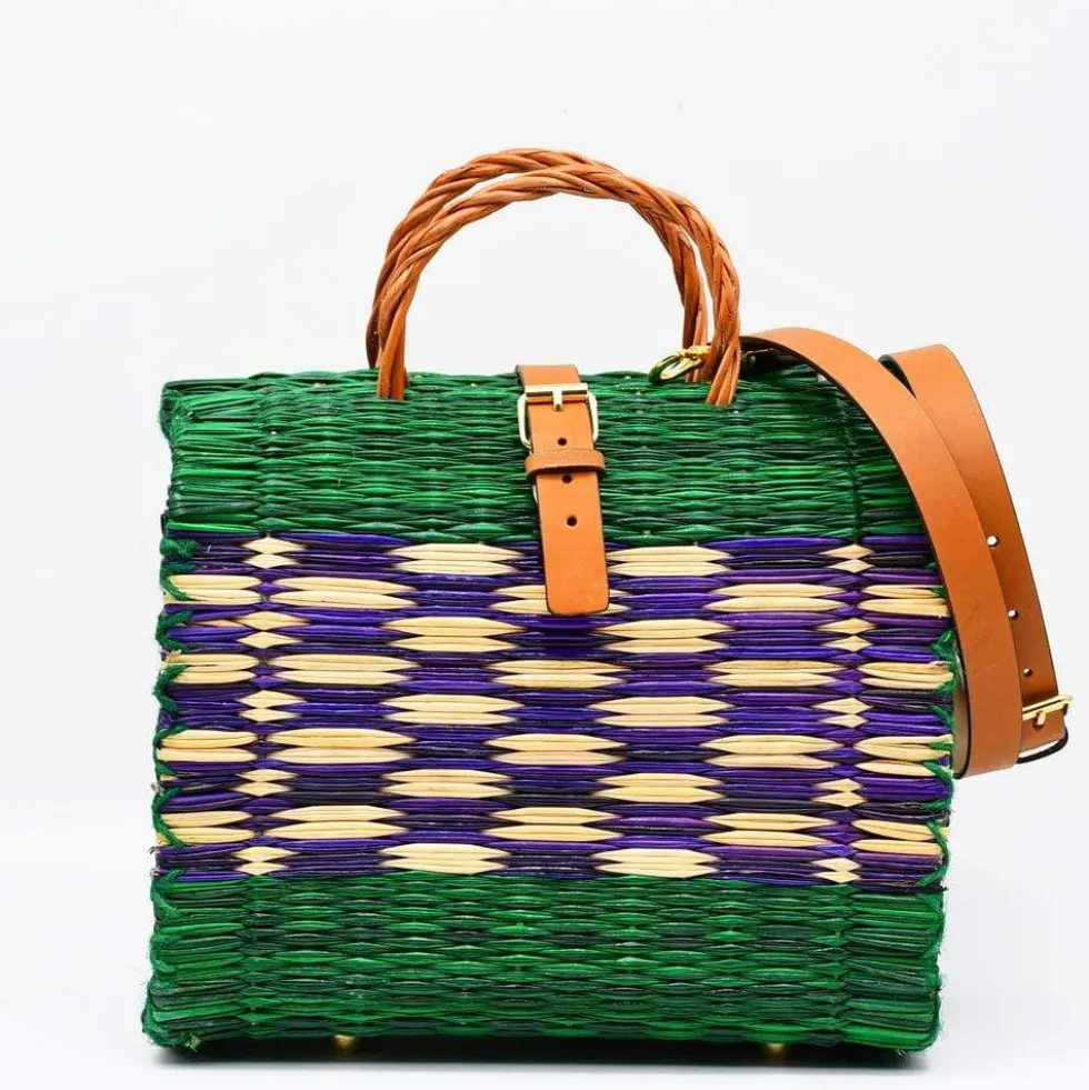 Sac cabas en jonc 26cm - Vert & violet