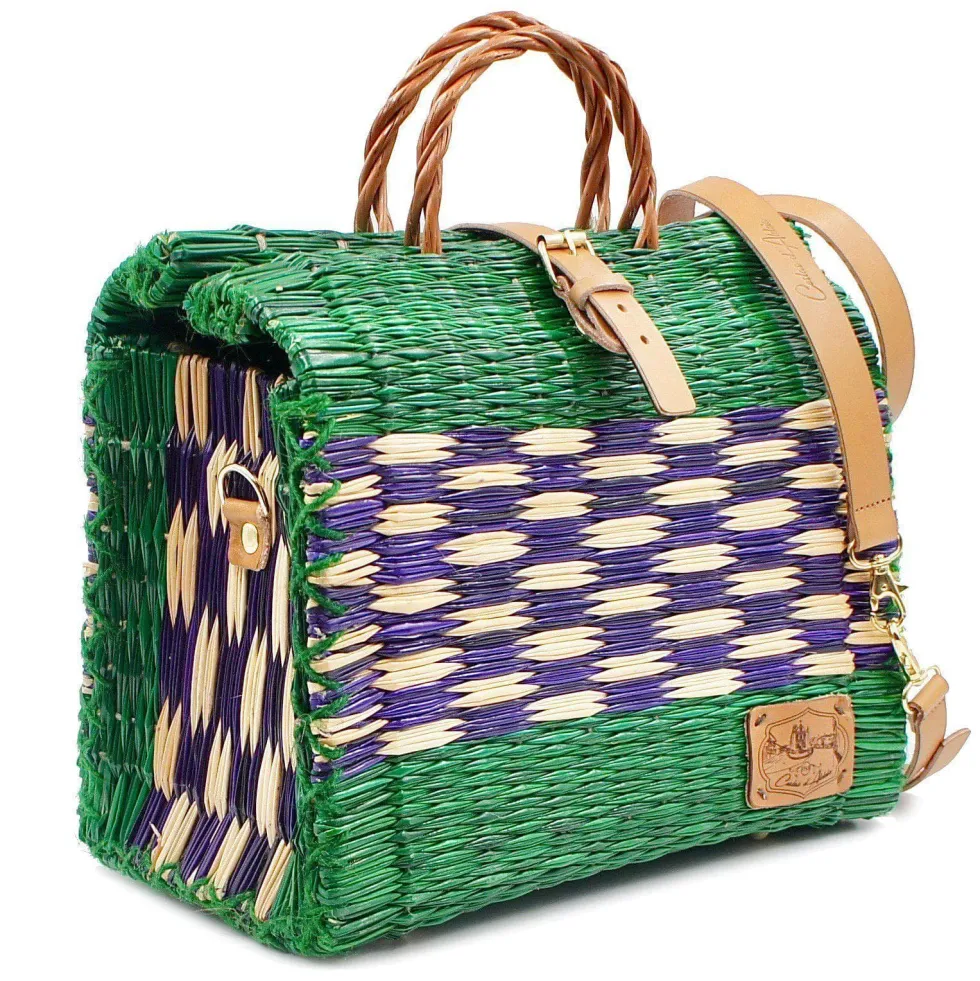 Sac cabas en jonc 30cm - Vert & violet