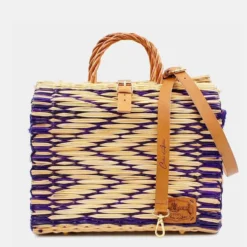 Sac cabas en jonc 30cm - Violet & naturel
