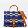 Sac cartable en jonc 25cm - Bleu & naturel