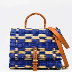 Sac cartable en jonc 25cm - Bleu & naturel