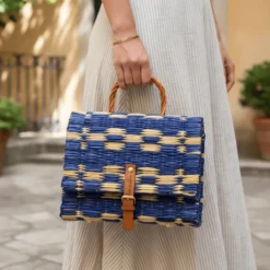Sac cartable en jonc 25cm - Bleu & naturel
