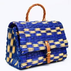 Sac cartable en jonc 25cm - Bleu & naturel