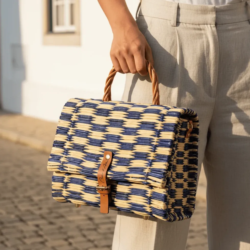 Sac cartable en jonc 25cm - Bleu & naturel