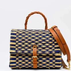 Sac cartable en jonc 25cm - Bleu & naturel