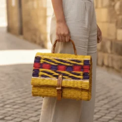 Sac cartable en jonc 25cm - Jaune & multicolore