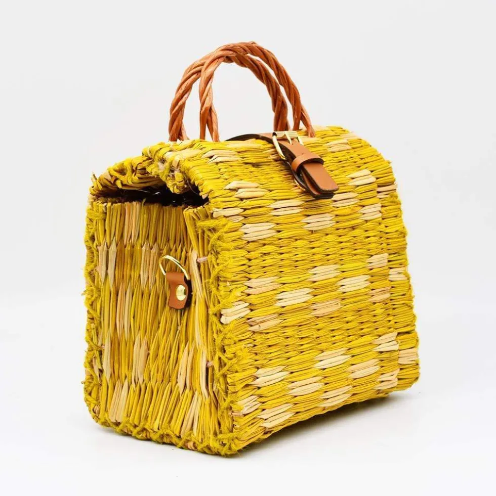 Sac cartable en jonc 22cm - Jaune & naturel