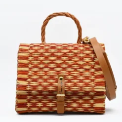 Sac cartable en jonc 25cm - Orange & naturel