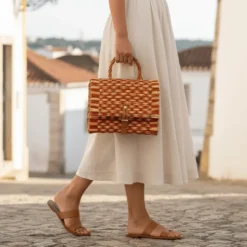 Sac cartable en jonc 25cm - Orange & naturel