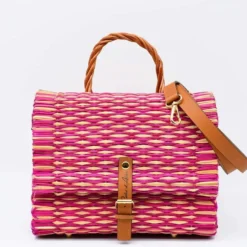 Sac cartable en jonc 25cm - Rose & naturel