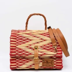 Sac cartable en jonc 25cm - Rouge & naturel