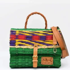 Sac cartable en jonc 25cm - Vert & multicolore