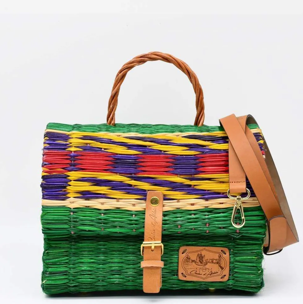 Sac cartable en jonc 25cm - Vert & multicolore