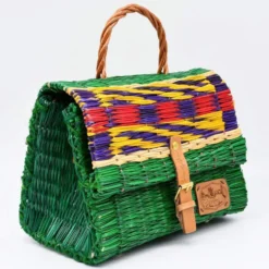 Sac cartable en jonc 25cm - Vert & multicolore