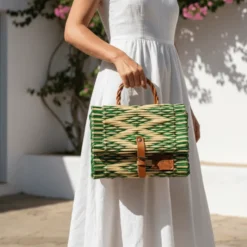 Sac cartable en jonc 25cm - Vert & naturel