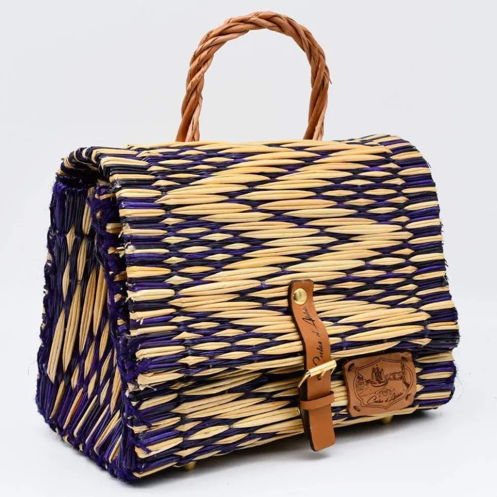 Sac cartable en jonc 25cm - Violet & naturel
