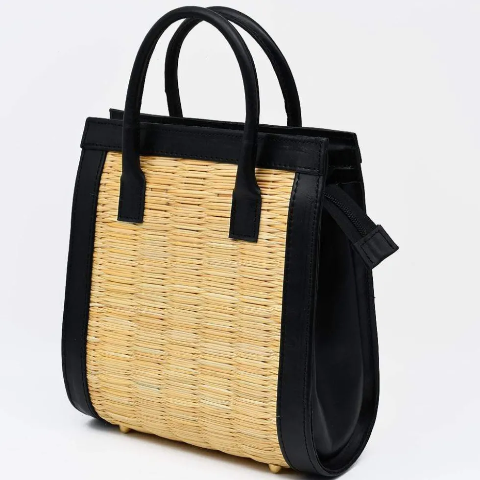 Sac en cuir et jonc 26cm - Naturel
