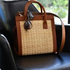 Sac en cuir et jonc 26cm - Naturel
