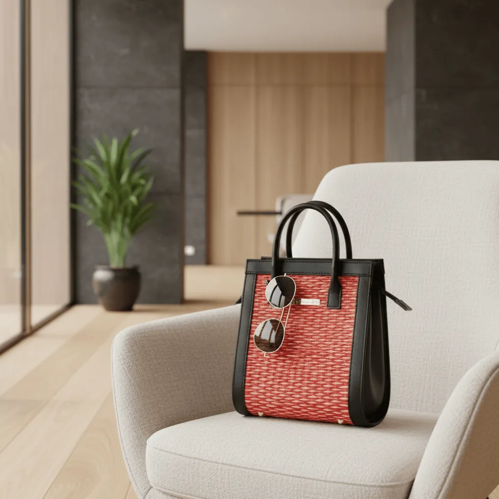 Sac en cuir et jonc 26cm - Rouge & naturel