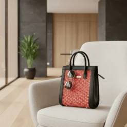 Sac en cuir et jonc 26cm - Rouge & naturel