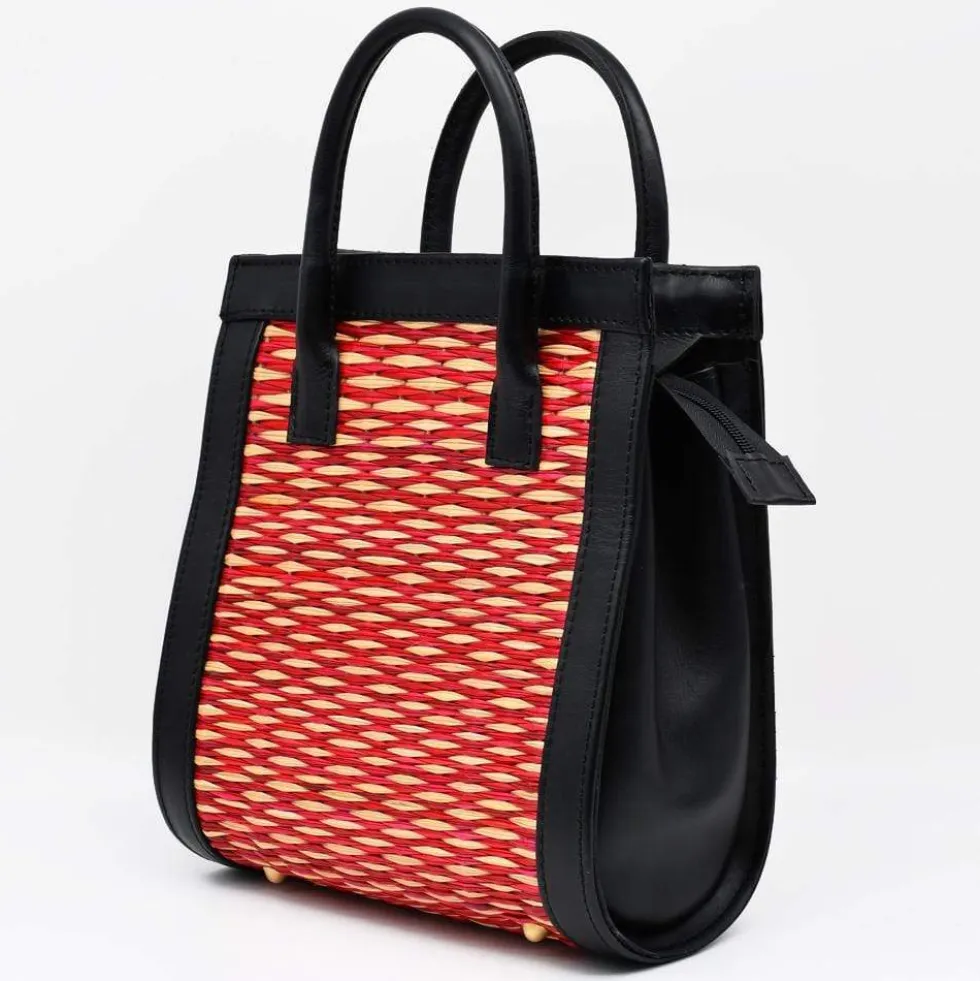 Sac en cuir et jonc 26cm - Rouge & naturel