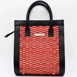 Sac en cuir et jonc 26cm - Rouge & naturel