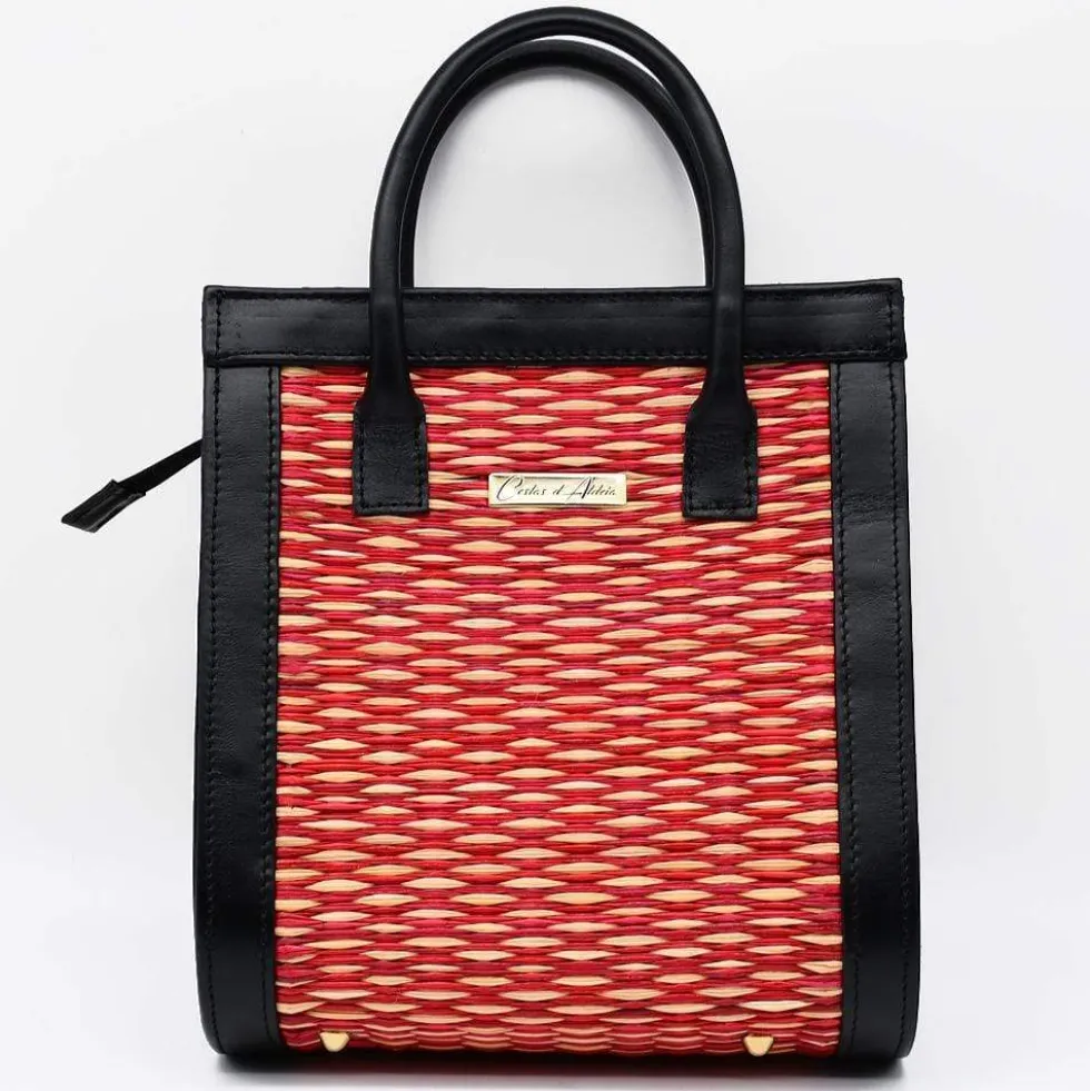 Sac en cuir et jonc 26cm - Rouge & naturel