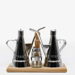 Service de table huile - vinaigre - sel - poivre en inox et bois