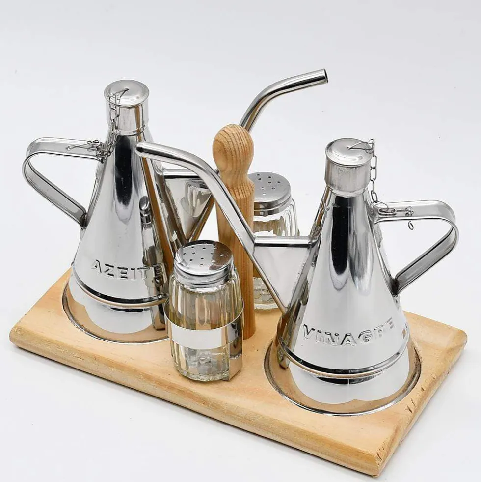 Service de table huile - vinaigre - sel - poivre en inox et bois