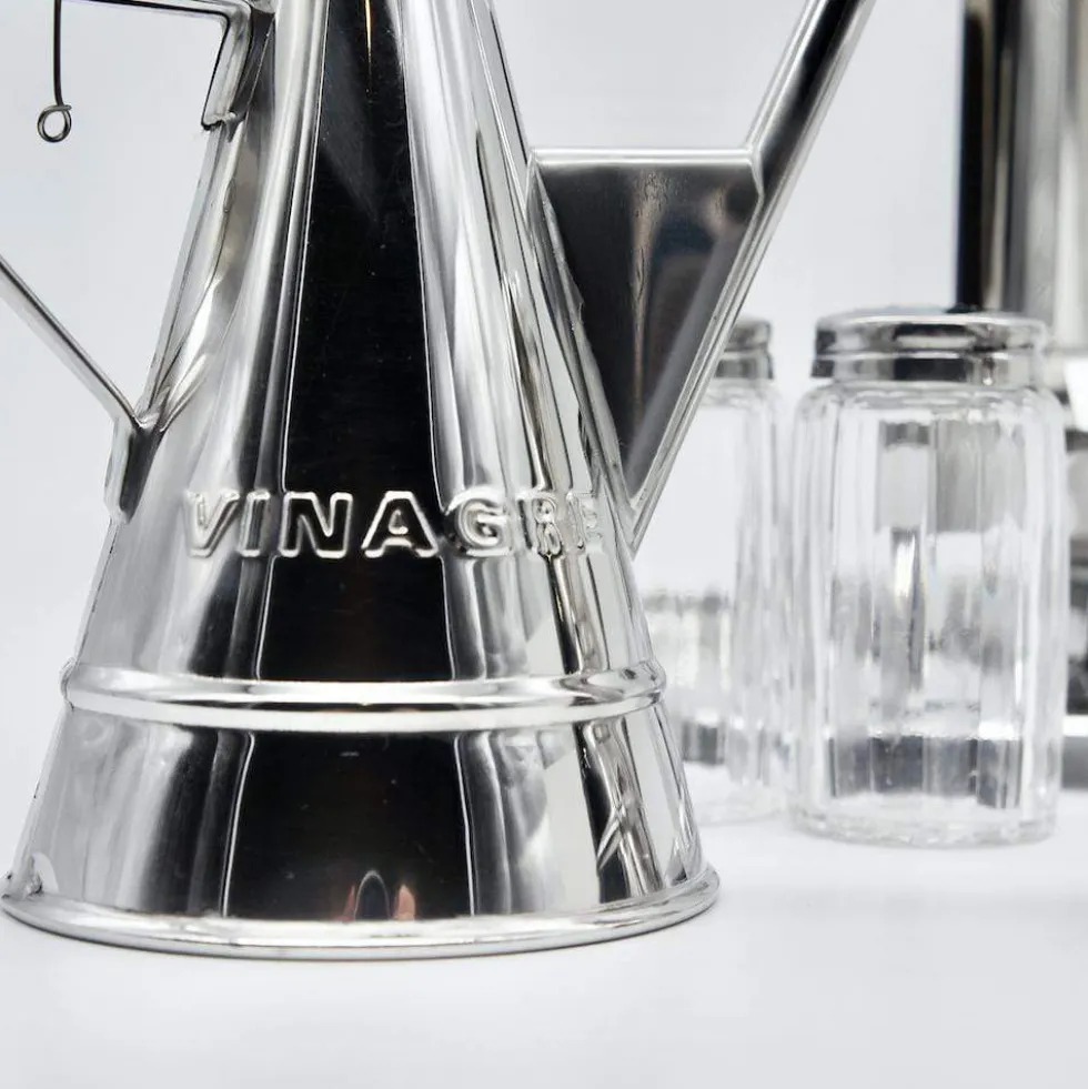 Service de table huile - vinaigre - sel - poivre en inox et bois