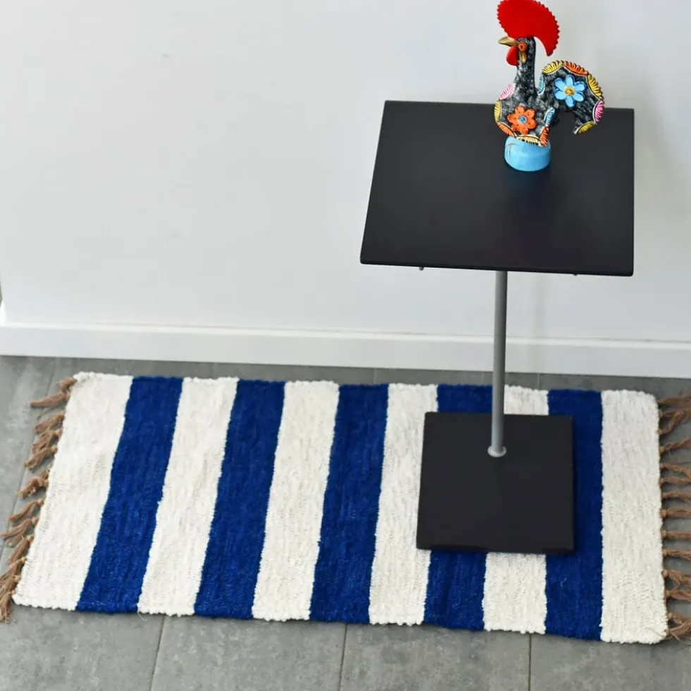 Tapis Artisanal rayé - Bleu. blanc