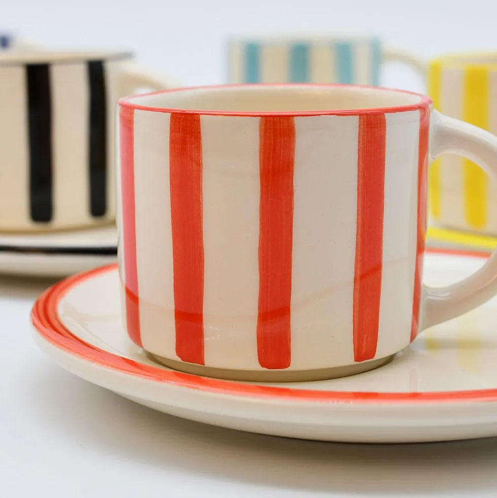 Tasse et sous-tasse rayés "Costa Nova Mar" - Rouge